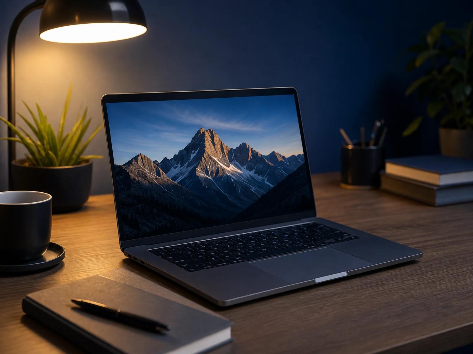 Ordinateur portable sur un bureau éclairé par une lampe